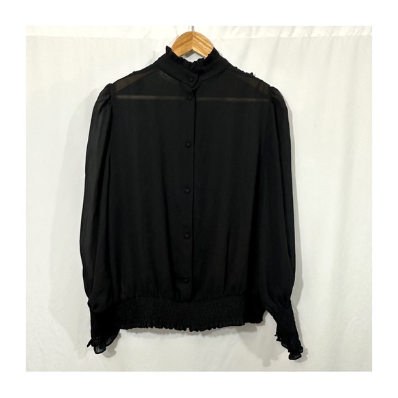 Frame Ruffle Smocked Long Sleeve Mock Neck Blouse in Black - Picture 5 of 11